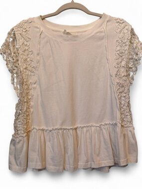 Anthropologie Crochet Sleeve Ruffle Hem Top - Cream